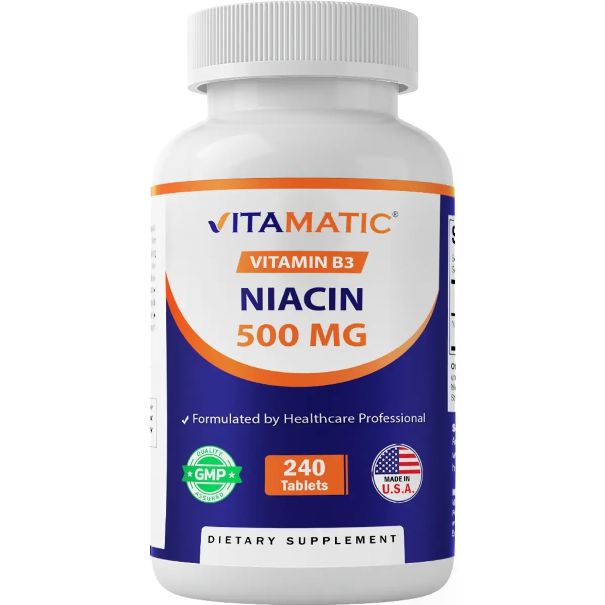 Vitamatic Niacin (Vitamin B3) 500mg Sustained-Release Dietary Supplement, 240 Tablets - Healthcare Support, Easy to Swallow, Gluten-Free, Non-GMO, No Preservatives/Artificial Flavors, Aids Cholesterol Management & Heart Health, Gmp Certified
