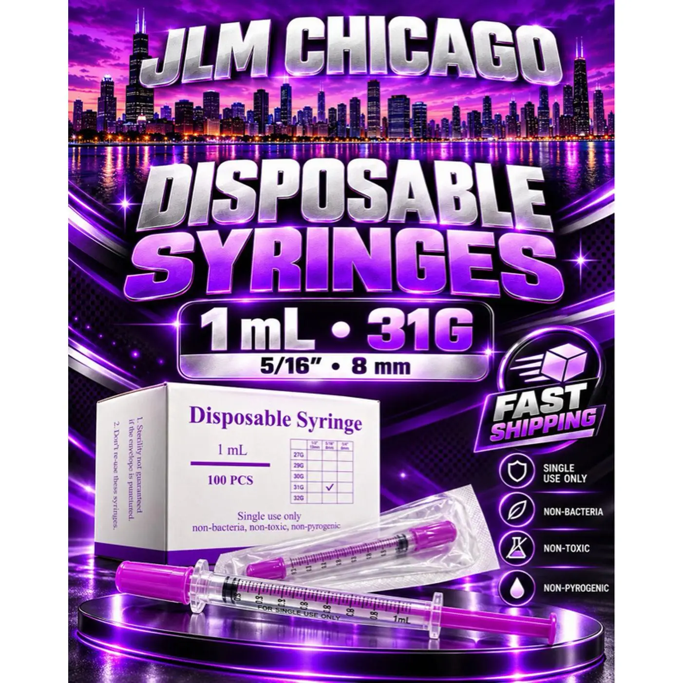 JLM Chicago Disposable Syringes 1mL 31G 5/16" 8mm Single Use Non-Bacteria Non-Toxic Non-Pyrogenic Fast Shipping 100 PCS 31G x 516