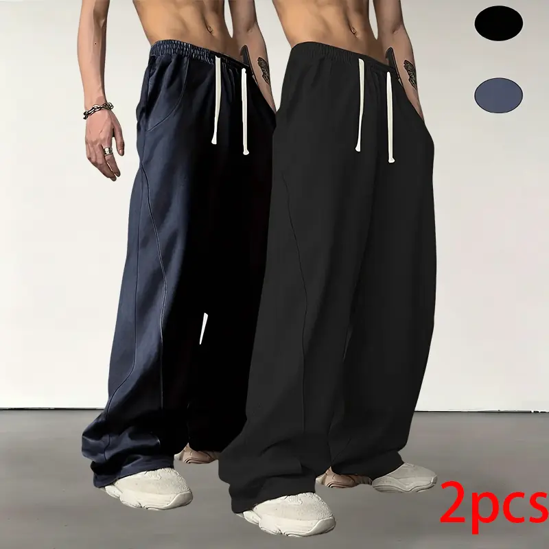 Men's 2PCS Oversized Wide-Leg Sweatpants - Menswear Classic Drape Fabric Minimalist Streetwear Casual Black Baggy Pants for Goth Military Style Outfits, Cotton