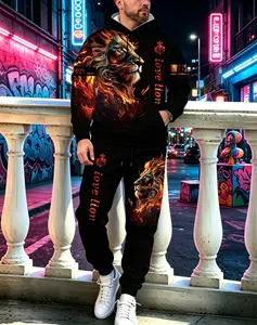 New for autumn/winter men’s two-piece athletic set featuring a 3D lion flame all-over print hooded sweatshirt and jogging pants; a versatile, loose casual streetwear outfit suitable for various occasions.