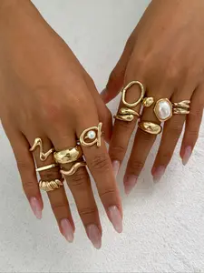 11-Piece Spring Summer Luxury Irregular Metal Ring Set, Unique Design Baroque Imitation Pearl Stackable Rings, Casual All-Season Jewelry, Stackable Finger Rings