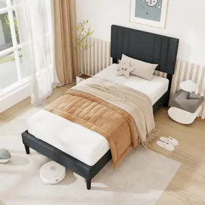 COSTWAY - Full/Queen/Twin Size Bed Frame with Vertical Channel Tufted Headboard and Wooden Slats-Twin Size