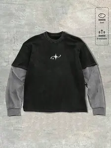 Men's Cotton Two-Piece Colorblock Sweatshirt, Comfortable Loose Fit, Street Style Round Neck Pullover, Fall & Winter Essential