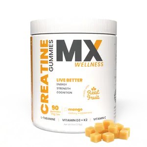 MX Wellness Creatine Longevity Gummies – 90 count (30 servings) Mango flavor with 5g creatine, L-Theanine, and Vitamins D3 + K2 to support muscle recovery, calm focus, strength, and healthy aging in one tasty daily stack.