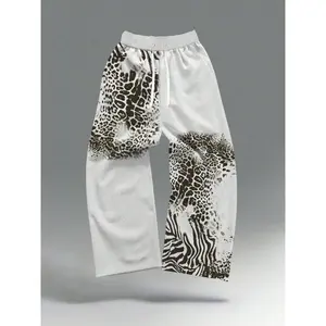 Men's Wild Patchwork Leopard Zebra Print Loose Wide Leg Sweatpants, Casual Fall & Winter Fitted Drawstring Waist Pants