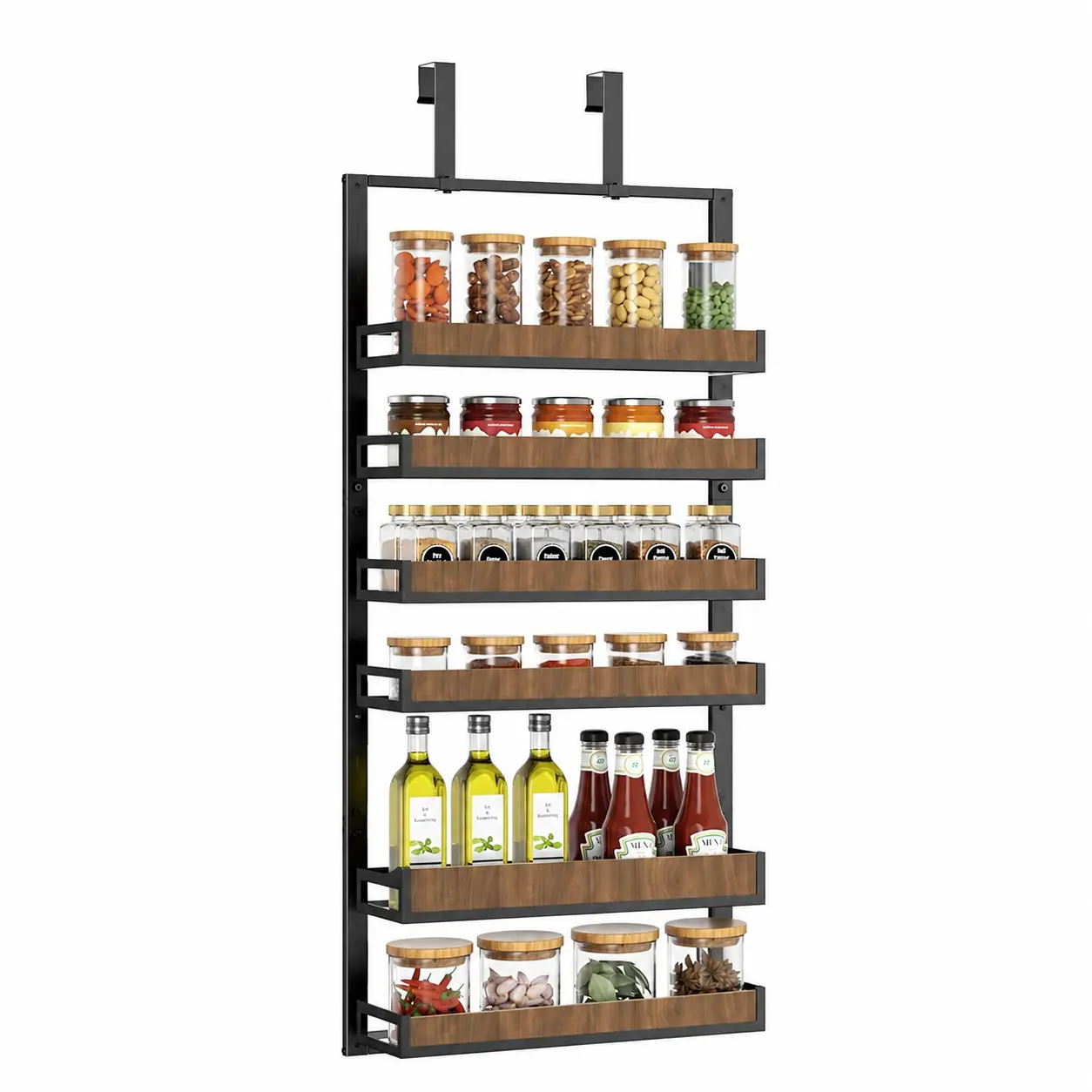 Aquzee Silver 6-Tier Heavy-Duty Metal Over-the-Door Shelf Organizer, 2-in-1 Adjustable Basket Removable Wall-Mounted Pantry Storage, Metal Storage Shelf Kitchen Furniture with Easy Hook Installation