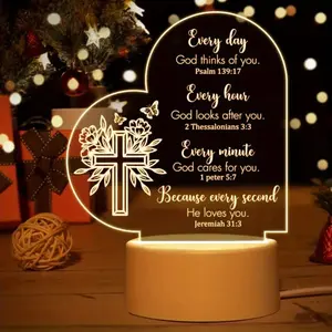 Acrylic Night Light with Heart Shape Outline, Floral Cross and Bible Verse, Warm Non-Straining Light, Stable Base, Faith Gift