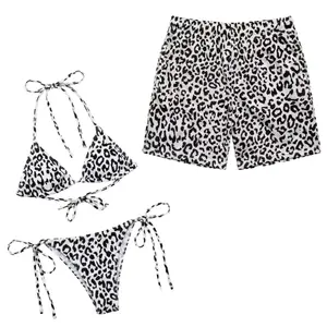 Matching Couple Leopard Print Bikini and Board Shorts Set, Beach Swimwear Honeymoon Outfit, Couple Beachwear