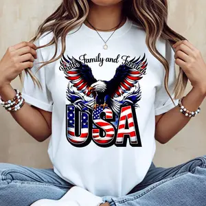 Eagle And American Flag Print Family And Freedom Usa T Shirt White Casual Loose Fit For Everyday Wear And Outdoor Activities