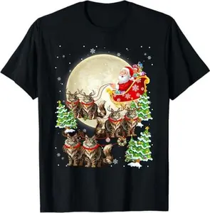 Funny Maine Coon Cat Reindeer Santa Sleigh Merry Christmas T-Shirt