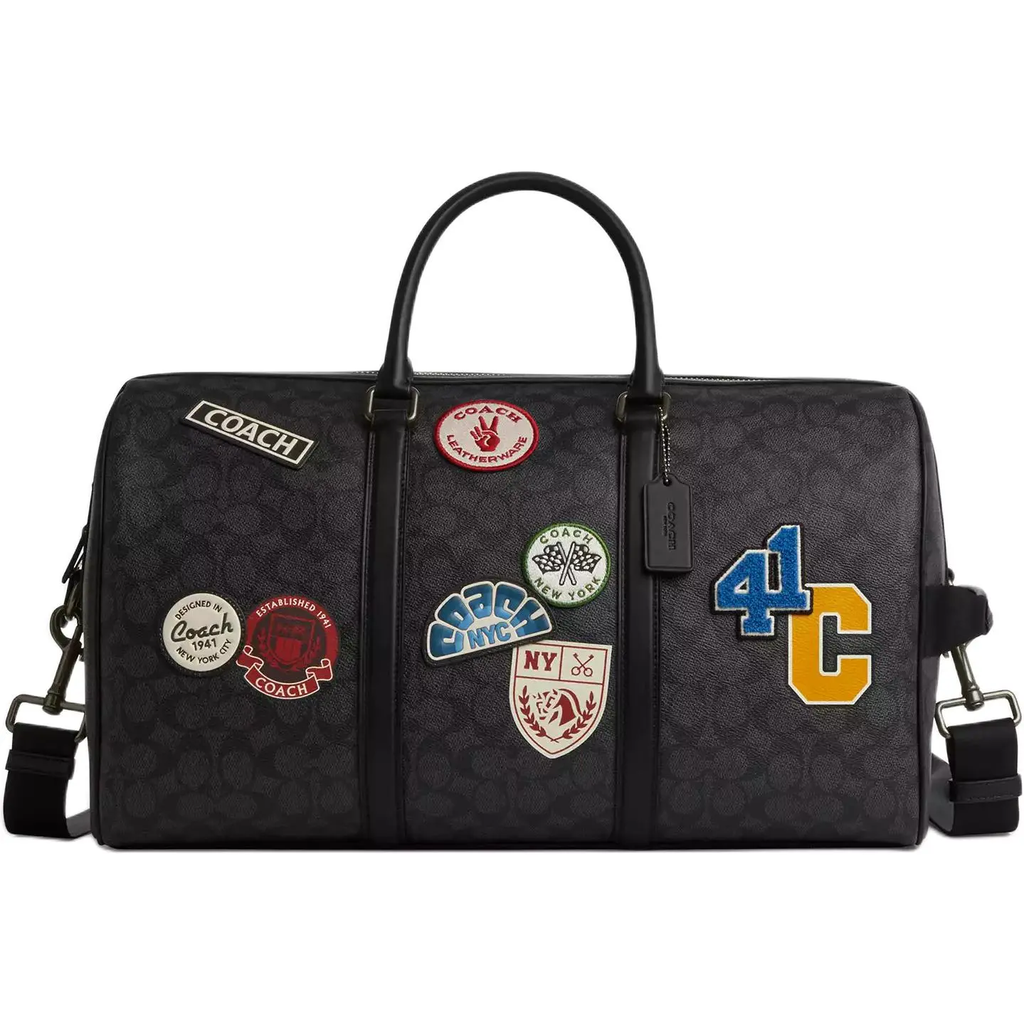 COACH Venturer 45 Leather-Textured Travel Bag for Men, Logo-Print Zip Closure, Black and Gray