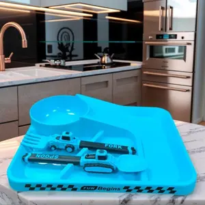 1Set Colorful Tableware Set, Cartoon Racing Dinner Plate Fork Spoon for Toddlers, Kids Self Feeding Utensils with Divided Plate, Easy Hold Dishwasher Safe for School Home Travel