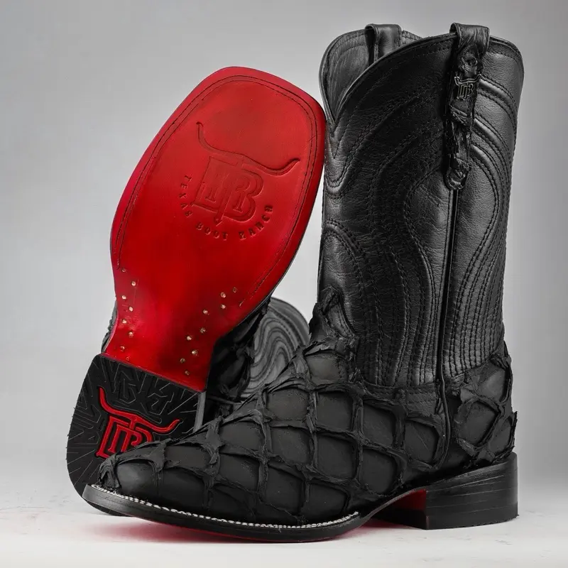 Matte Black Jumbo Pirarucu Print Boots - Square Toe