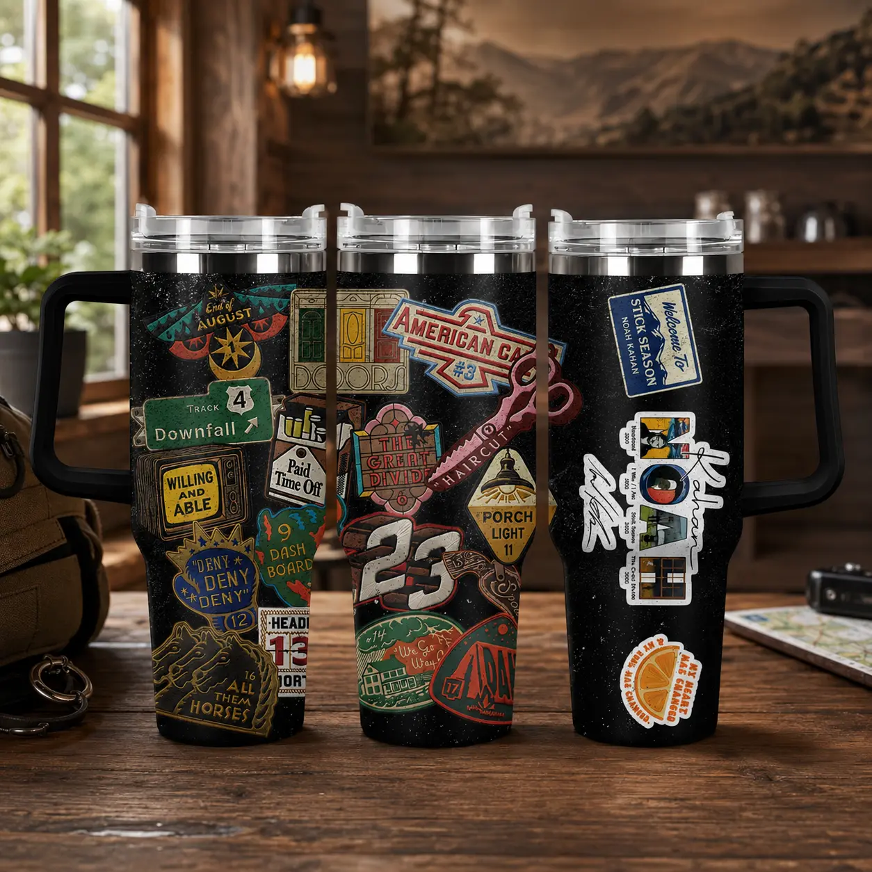 Noah Kahan Inspired Tumbler, Stick Season Sticker Collage 20-40oz Stainless Steel Cup With Black Handle, Double-Wall Insulated Travel Mug, Gift for Music Lovers