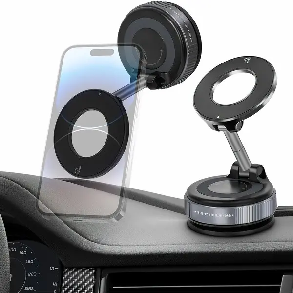 Magnetic MagSafe Snap-On Car Cellphone Mount - 360° Adjustable, Suction Cup, Swivel Lock, Fold-Flat Secure Holder Smartphone for Driving Hands-Free Use, Car Accessories Interior (iPhone & Android Phones)