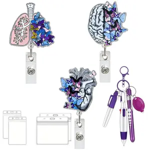 Shiny Heart Organ Badge Clip with ID Card Holder, Mini Fluorescent Pen, Permanent Marker, Round Ballpoint Pen, Acrylic PVC Material, Nurse Badge Reel