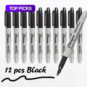 Black Permanent Marker Pen, 12pcs Waterproof Marker Set Quick Drying Marker Pen, Smooth Writing Pens, Fine Tip Marker Pen Fine Point Markers for Office School Students, Valentine's Day Gift, Quick Dry Pens
