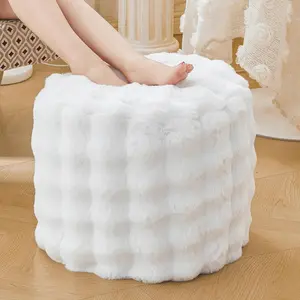 Luxury Faux   Round Inflatable Pouf Ottoman, 20 X 16 Fluffy Plush Waffle Bubble Floor Poufs Foot Stool Rest Anti-Slip Furry Foldable Ottoman Seat for  Decor  Adults, White