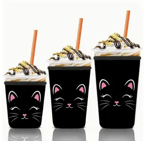 Black Cat Print Iced Coffee Cup Sleeve in 3 Sizes Resuable