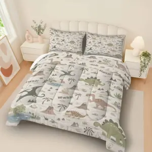 Dinosaur Jungle Adventure Quilt Set (1 Quilt + 2 Pillowcases), Soft Breathable, Digital Print, Suitable for Bedroom Dorm Home Use