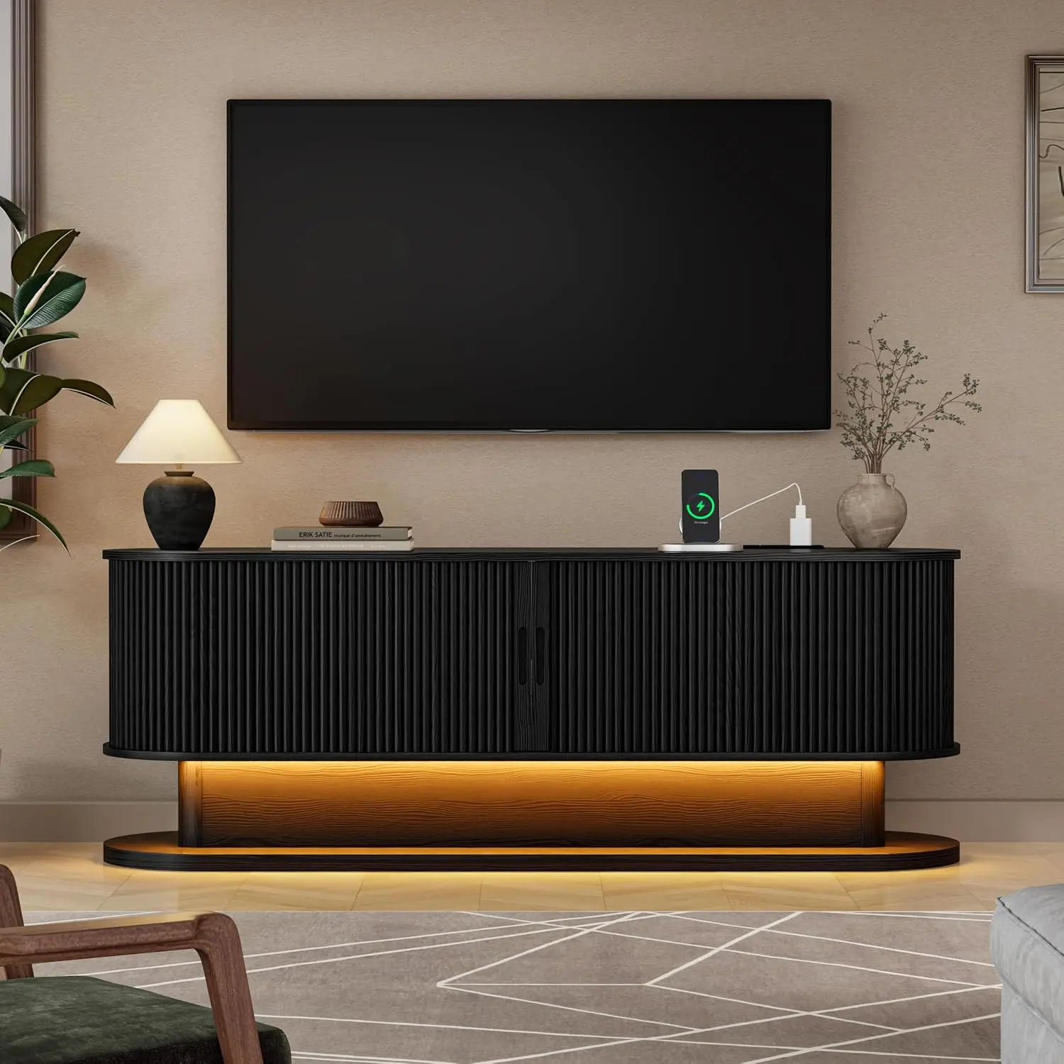 【60" TV Stand】DHH Entertainment Center for TVs up to 70", RGB LED Media Console with Power Outlet, Fluted Tambour Sliding Doors & Adjustable Storage, Mid-Century Modern TV Cabinet