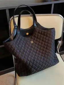 CYX 1 Piece Fashionable Plain Check Embossed Design Nylon Tote Bag, with Magnetic Closure, Casual and Versatile Large Capacity Shoulder Bag for Women, Casual Commuter Bag, Quilted Purse Bags