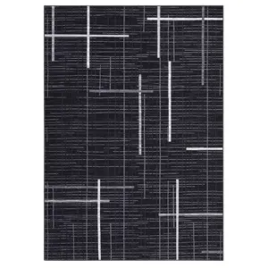 10x13 ft Low Pile Machine Washable Polyester Yarn Cashmere Black Rectangular Rug, Modern Geometric Lines Design, Foldable, for Hallway Use, Low Pile Rugs, Machine Washable Rugs