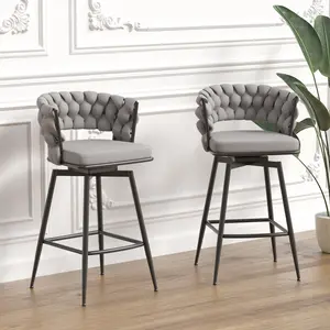 28" Bar Chair Linen Woven Bar Stool Set of 2,Black legs Barstools No Adjustable Kitchen Island Chairs,360 Swivel Bar Stools Upholstered Bar Chair Counter Stool Arm Chairs with Back Footrest