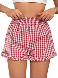 Vhein Women's Plaid Print Patched Decor Button Front Elastic Waist Shorts, Casual Comfy Straight Leg Shorts for Summer, Ladies Bottoms for Daily Wear, Women Workout Clothes