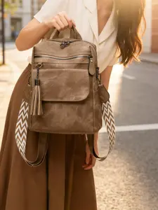 Women's Fashion Backpack with Tassel Decoration, Simple Solid Color Versatile PU Shoulder Bag, Ideal for Ladies, Girls, Students