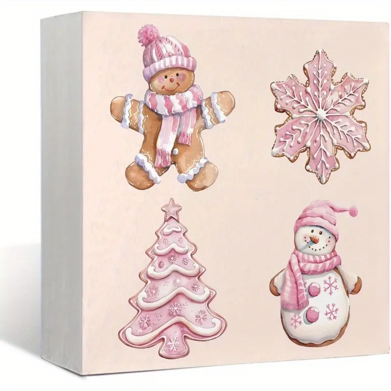 Pink Christmas Decor Wooden Box Sign, Gingerbread Sign, Candyland Christmas Decorations, Pink Xmas Tree Christmas Snowman Decor, Christmas Winter Gift for Women, Christmas Kitchen Decor 5x5 inch