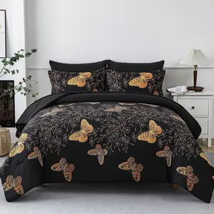 7 count Bed in a Bag Full Size Comforter Set Black Bedding Set, Butterfly Leaves Printed on Black Reversible Design,Soft Microfiber Comforter with Sheet Set,All Season(Butterfly,Full)