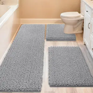 Upgrade Extra Large Light Grey Bathroom Rug Set 3 Pieces Gray Ultra Soft, Thick Absorbent Bath Mats, Non Slip Chenille Toilet Mat for Bathroom, Bedroom, Kitchen