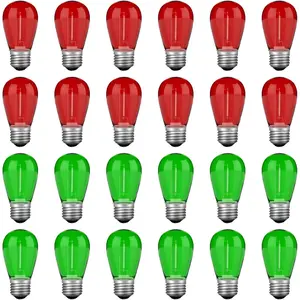 24 Pack Red Green S14 Christmas Light Bulbs, 1 Watt Plastic Shatterproof LED Replacement Bulbs for Indoor Outdoor Patio String Light, E26 Medium Base.