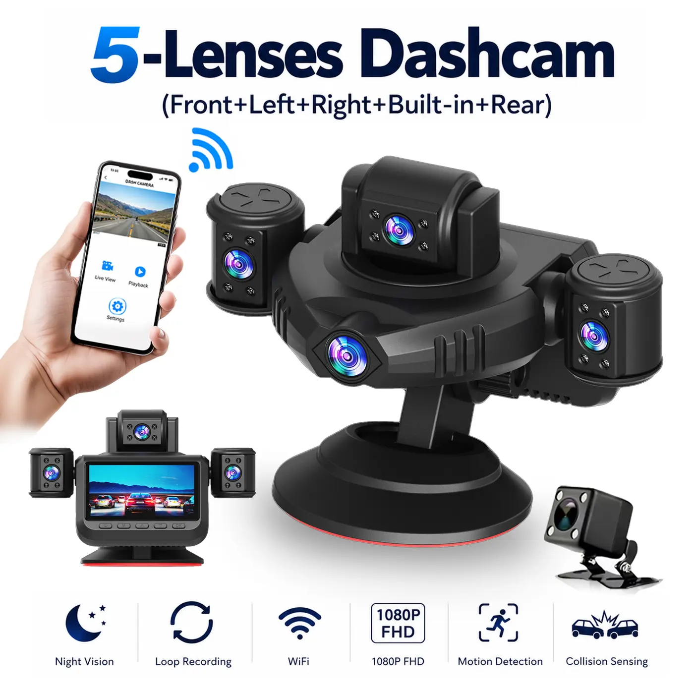 HOEMYER 5-Camera Automotive Dashcam, 1080P Car DVR Dashcam with WiFi APP & Collision Sensor. Get left and right coverage with this Truck Dash Camera. Upgrade your car rvibes! Great Car Accessories & Halloween Christmas Gift.