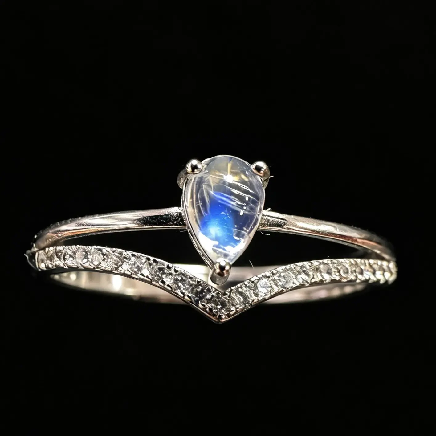 Dainty V Shank 925 Sterling Silver Teardrop Blue Flash Moonstone Adjustable Promise Ring