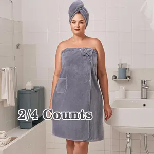 Plus Size Solid Color Bathrobe, 2/4 Counts Soft Water Absorbent Bath Skirt & Hair Drying Cap, Towels, Bathroom Supplies for Home Hotel Salon