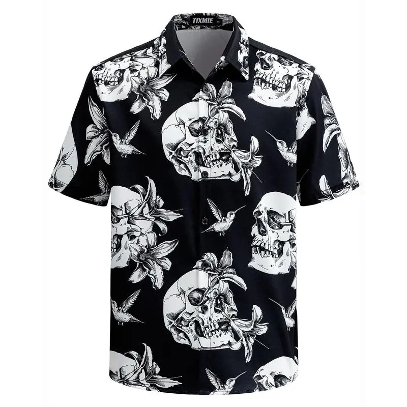 Menswear Short-Sleeve Button-Down Shirt, Men's Black Cotton Floral Skull Hummingbird Hawaiian Top for Tropical Holiday & Halloween,summerwins,father'sdaygifts,back to school,back to school shopping
