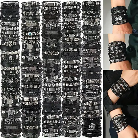 10/20/30Pcs Punk Hip Hop Style Faux Leather Bracelets Set Multi-layer Skull Cross Star Halloween Chic Infinity Symbol Design Vintage Black for Teen and Gifts Thanksgiving Father's Day Graduation Creative Metal Dots Fashion Jewelry