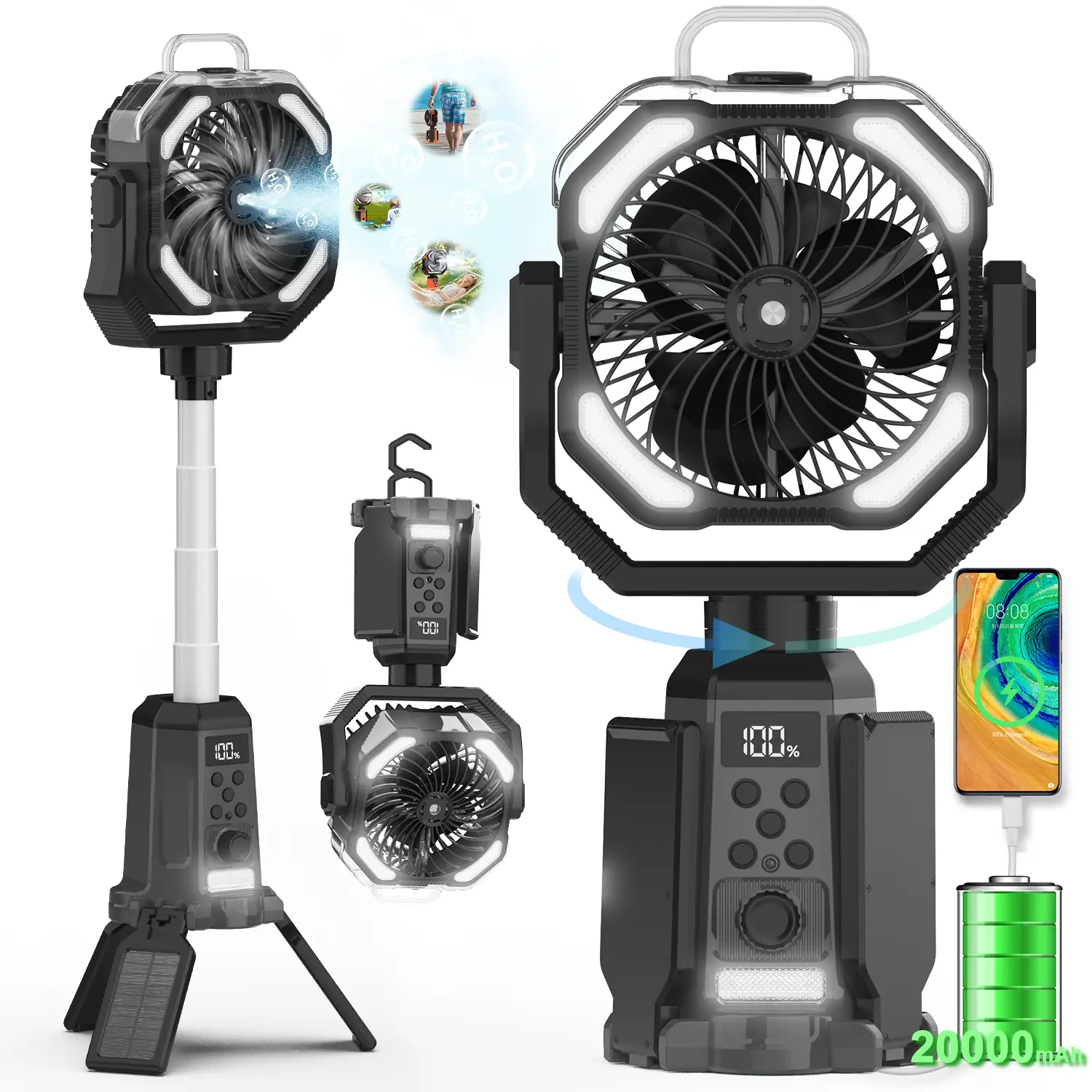 2026 Multifunction Rechargeable USB Charging Misting Tripod Fan - 20000mAh Battery, Portable Outdoor Cooling Fan with LED Lantern, Remote Control, 270° Pivot, Stepless Speed, Foldable Hook for Camping, Jobsite, Multifunction Rechargeable Fan, Usb Charging