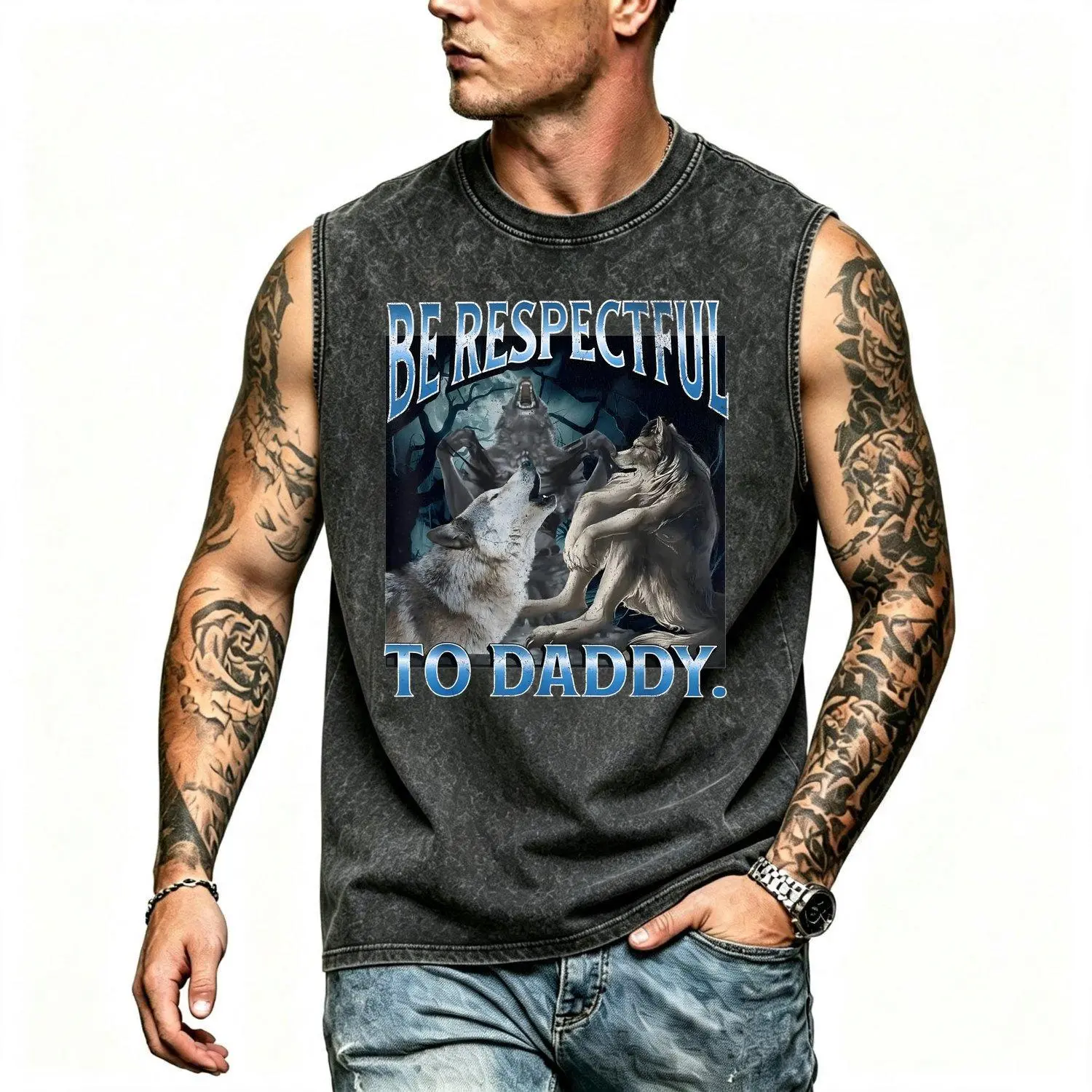 Be Respectful To Daddy Funny Cringe Werewolf Wolf Meme for adult graphic Vests casual fashion short sleeve tops vacation outfits clothing stylish vests