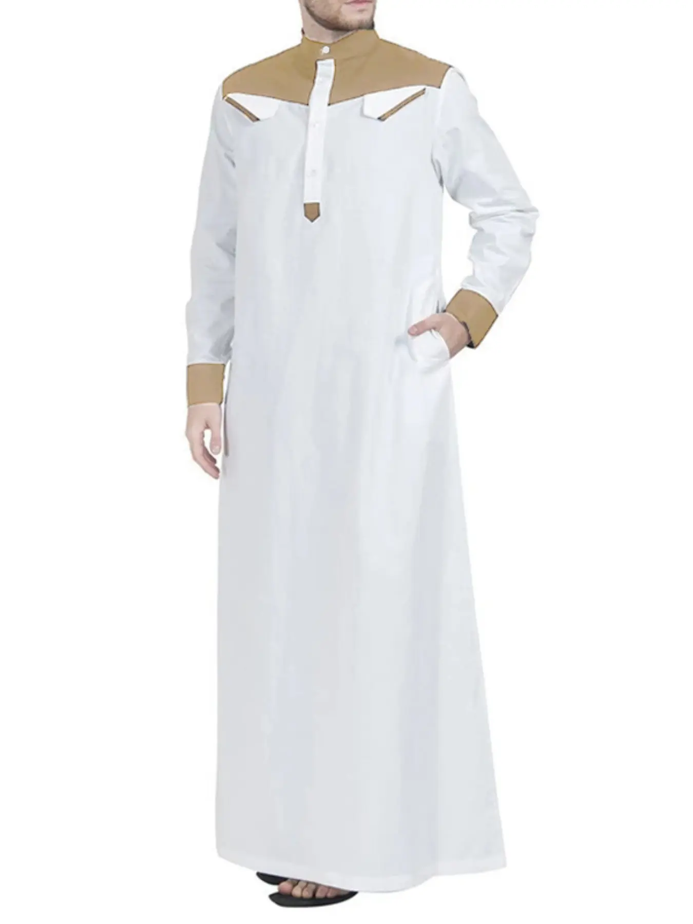 Muslim Islamic Southeast Asia Men's Patchwork Colorblock Stand Collar Long Sleeve Robe, Thobe, Middle Eastern Ethnic Style, Traditional Clothing