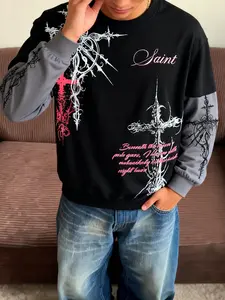 Men's Gothic Cross Angel Print Hoodie, Patchwork, Skin-Friendly Breathable Fabric, Loose Fit, Casual Streetwear