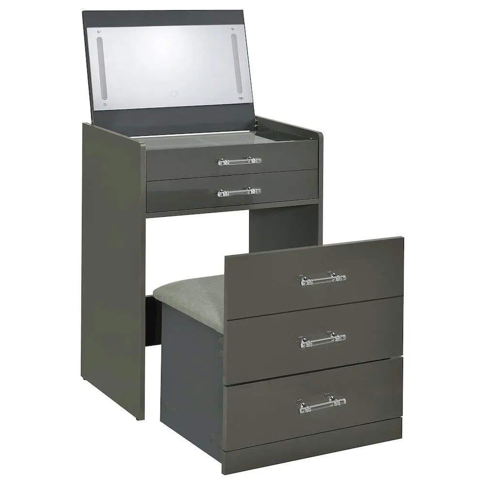 Danbury Grey High Gloss 3-Drawer Makeup Vanity & Cushioned Stool Set - Engineered Wood Indoor Modern Furniture, Storage, Modern Home Decor, Lighted Mirror & Desk Combo, Built-In Charging Station (Type A/C), LED Lighting, Vanity Organization