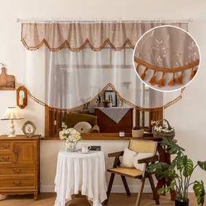 Classic Farmhouse Branch Embroidered Transparent Arched Curtain, Top with Valance and Fringe Trim, Lightweight Breathable for Living Room Dining Balcony