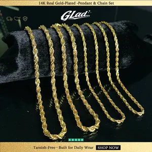 Gladeex 14K Real Gold-Plated Rope Chain Necklace for Men and Women, Upgraded Shine, Tarnish-Free Gold Chain, 4mm/6mm/8mm, 22"/24" Hip Hop Jewelry, Gift for Him