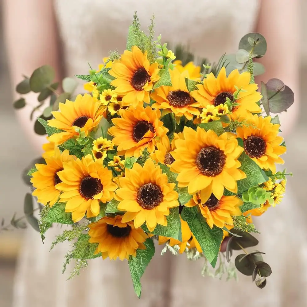 Artificial Sunflower Bouquets,5 Bunches Fake Flowers for Outdoors Baby Shower Home Wedding Fall Decor, Bride Holding Flowers,DIY Garden Craft Art Decor