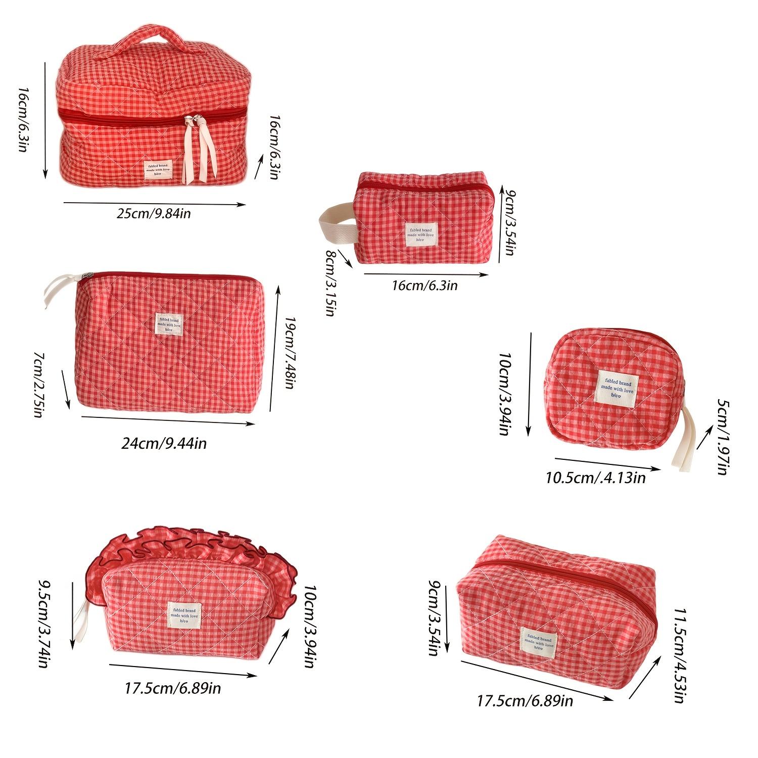 Red plaid quilted makeup bag, Instagram-style red-and-white checkered quilted makeup bag, multi-size travel toiletry bag, dorm storage essential