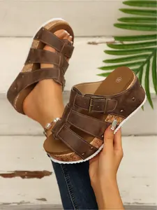 Women's Summer Open Toe Cork Platform Mules with Rivet Buckle and Thick Sole for Outdoor Wear