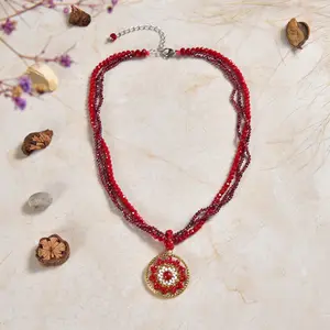 A Hand-beaded Medallion Pendant Necklace; Short Necklace with Pendant.  Garnet Red Necklace. Multi-strand Red Necklace.